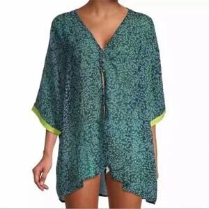 FREE PEOPLE Navy Blue Print Neon 3/4 Sleeve Sheer Kimono $98 Layering Top M